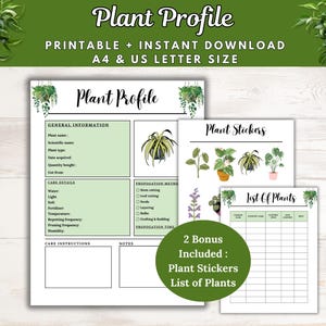 以下が含まれることがあります： 一般的な情報、手入れの詳細、繁殖方法、メモのセクションを含む、印刷可能な植物プロファイルテンプレート。植物のステッカーと植物のリストという2つのボーナスページが含まれています。