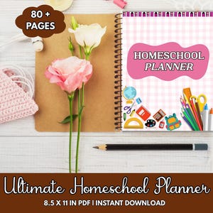 May include: A spiral-bound homeschool planner with a pink and white gingham cover. The cover reads "Homeschool Planner" in white text on a pink bubble. The image includes a pencil, flowers, and school supplies.