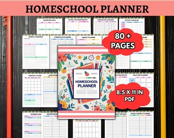 May include: Homeschool planner with a floral cover design. The planner includes various templates for weekly overviews, curriculum planning, and student goals. The image also shows the text "80+ PAGES" and "8.5 X 11 IN PDF".