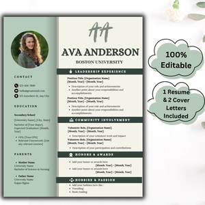 Op de afbeelding: Een groene en witte cv-sjabloon met een foto van een vrouw in de linkerbovenhoek. De sjabloon bevat secties voor contactgegevens, opleiding, leiderschapservaring, maatschappelijke betrokkenheid, onderscheidingen en hobby's en passies. De tekst "100% bewerkbaar" en "1 cv & 2 sollicitatiebrieven inbegrepen" staat in een groene wolk in de rechterbovenhoek.