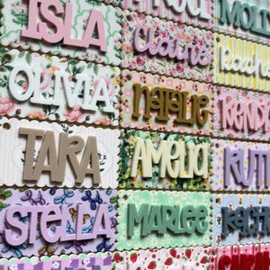 May include: Close-up of several name tags with various names in different colors and fonts. The tags have scalloped edges and floral or patterned backgrounds. Names include Isla, Claire, Olivia, Natalie, Tara, Amelia, Stella, and Marlee.