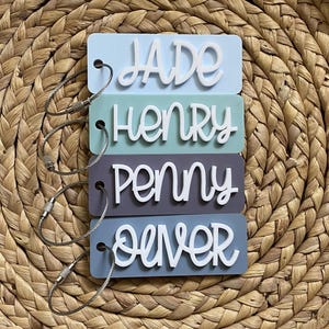 Peut inclure: Quatre porte-cl&eacute;s color&eacute;s avec des lettres blanches. Les porte-cl&eacute;s sont empil&eacute;s les uns sur les autres. Le porte-cl&eacute;s du haut est bleu clair avec le nom "JADE" en blanc. Le deuxi&egrave;me porte-cl&eacute;s est vert clair avec le nom "HENRY" en blanc. Le troisi&egrave;me porte-cl&eacute;s est gris avec le nom "PENNY" en blanc. Le porte-cl&eacute;s du bas est bleu avec le nom "OLIVER" en blanc.