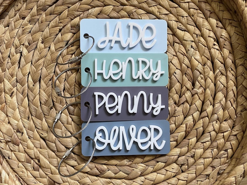 Peut inclure: Quatre porte-cl&eacute;s color&eacute;s avec des lettres blanches. Les porte-cl&eacute;s sont empil&eacute;s les uns sur les autres. Le porte-cl&eacute;s du haut est bleu clair avec le nom "JADE" en blanc. Le deuxi&egrave;me porte-cl&eacute;s est vert clair avec le nom "HENRY" en blanc. Le troisi&egrave;me porte-cl&eacute;s est gris avec le nom "PENNY" en blanc. Le porte-cl&eacute;s du bas est bleu avec le nom "OLIVER" en blanc.