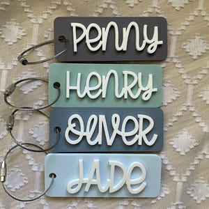 Peut inclure: Quatre &eacute;tiquettes &agrave; bagages color&eacute;es avec des anneaux m&eacute;talliques. Les &eacute;tiquettes sont bleues, vertes, grises et bleu clair. Les noms Penny, Henry, Oliver et Jade sont &eacute;crits en blanc sur les &eacute;tiquettes.
