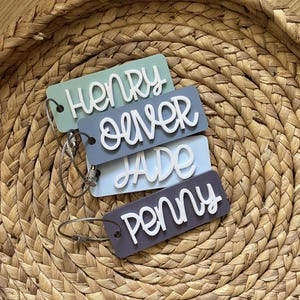 Peut inclure: Quatre porte-cl&eacute;s color&eacute;s avec des noms &eacute;crits en blanc dessus. Les noms sont Henry, Oliver, Jade et Penny. Les porte-cl&eacute;s sont sur un panier en osier.