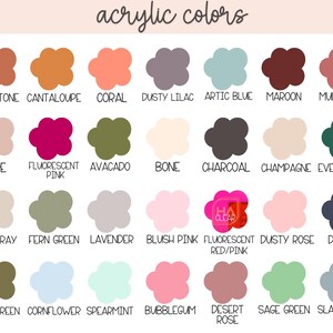 Peut inclure: Un tableau de 24 couleurs de peinture acrylique avec leurs noms list&eacute;s sous chaque &eacute;chantillon de couleur. Les couleurs incluent : Gr&egrave;s, Cantaloup, Corail, Lilas Poussi&eacute;reux, Bleu Arctique, Marron, M&ucirc;rier, Nu, Rose Fluo, Avocat, Os, Charbon, Champagne, &Eacute;meraude, Gris Tourterelle, Vert Foug&egrave;re, Lavande, Rose Poudr&eacute;, Rouge Fluo/Rose, Rose Poussi&eacute;reux, Denim, Vert Olive, Bleu C&eacute;r&eacute;ale, Menthe Verte, Bubblegum, Rose D&eacute;sert, Vert Sauge, et Bleu Ardoise.