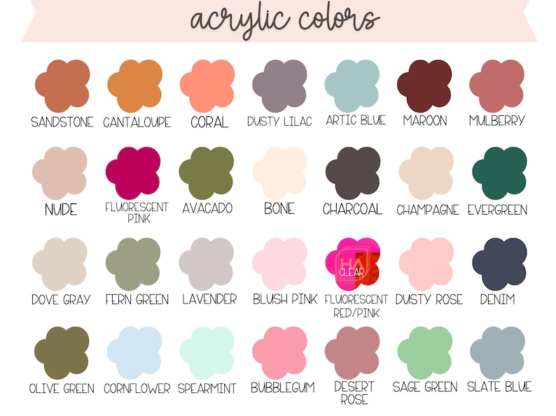 Peut inclure: Un tableau de 24 couleurs de peinture acrylique avec leurs noms list&eacute;s sous chaque &eacute;chantillon de couleur. Les couleurs incluent : Gr&egrave;s, Cantaloup, Corail, Lilas Poussi&eacute;reux, Bleu Arctique, Marron, M&ucirc;rier, Nu, Rose Fluo, Avocat, Os, Charbon, Champagne, &Eacute;meraude, Gris Tourterelle, Vert Foug&egrave;re, Lavande, Rose Poudr&eacute;, Rouge Fluo/Rose, Rose Poussi&eacute;reux, Denim, Vert Olive, Bleu C&eacute;r&eacute;ale, Menthe Verte, Bubblegum, Rose D&eacute;sert, Vert Sauge, et Bleu Ardoise.