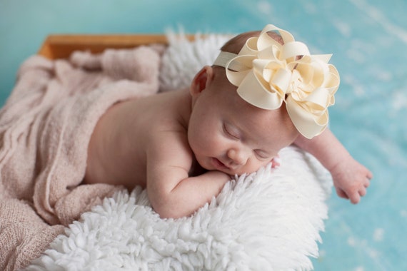 Pretty Ivory Layered Korker Easter Hair Bow Headband for infants and toddlers