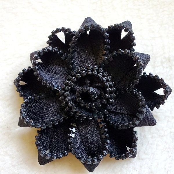 Recycled Zipper Flower Lapel Pin Brooch, black with plastic teeth *Free Shipping!