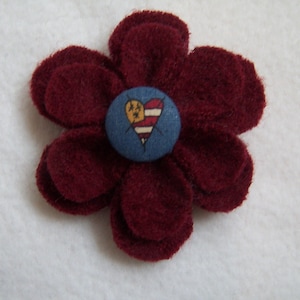 Felted Wool Lapel Flower Brooch Pin made from Recycled Sweater Americana Burgandy FREE SHIPPING