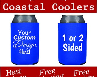 May include: Two blue can coolers with white text. One says "Your Custom Design Here!" and the other says "1 or 2 Sided." The top banner reads "Coastal Coolers" with stars. The bottom banner says "Best Prices" and "Free Design."