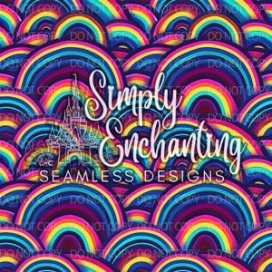 May include: A vibrant, seamless design featuring overlapping rainbow arches in shades of blue, yellow, pink, and purple. The design includes the text "Simply Enchanting" and "Seamless Designs" with a castle illustration.