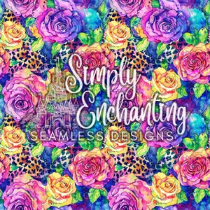 May include: A colourful, seamless design with watercolour roses in pink, purple, and yellow, and a leopard print overlay. The text "Simply Enchanting Seamless Designs" is displayed in white.