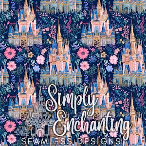 May include: Seamless design featuring fairytale castles in shades of pink, blue, and gold, set against a dark blue background. The design includes pink and blue flowers, with the text "Simply Enchanting" and "Seamless Designs".