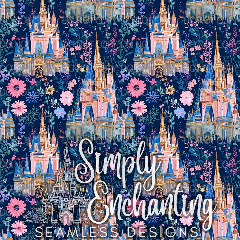 Whimsical Fantasy Castle Floral Seamless Pattern | Fairytale Pink ...