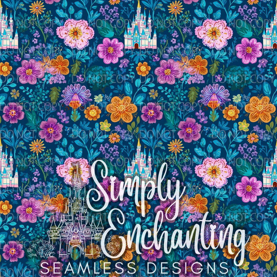Vibrant Castle Floral Seamless Pattern | Fairytale Pink & Blue Digital ...