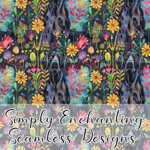 May include: A seamless pattern featuring black and white dogs with colourful flowers and foliage on a dark blue background. The pattern is repeated throughout the image. The text "Simply Enchanting Seamless Designs" is at the bottom of the image.