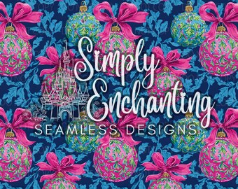 Lilly-inspirerade julgranskulor sömlösa mönster | Rosa & blått digitalt julpapper | Preppy julsublimeringsdesign