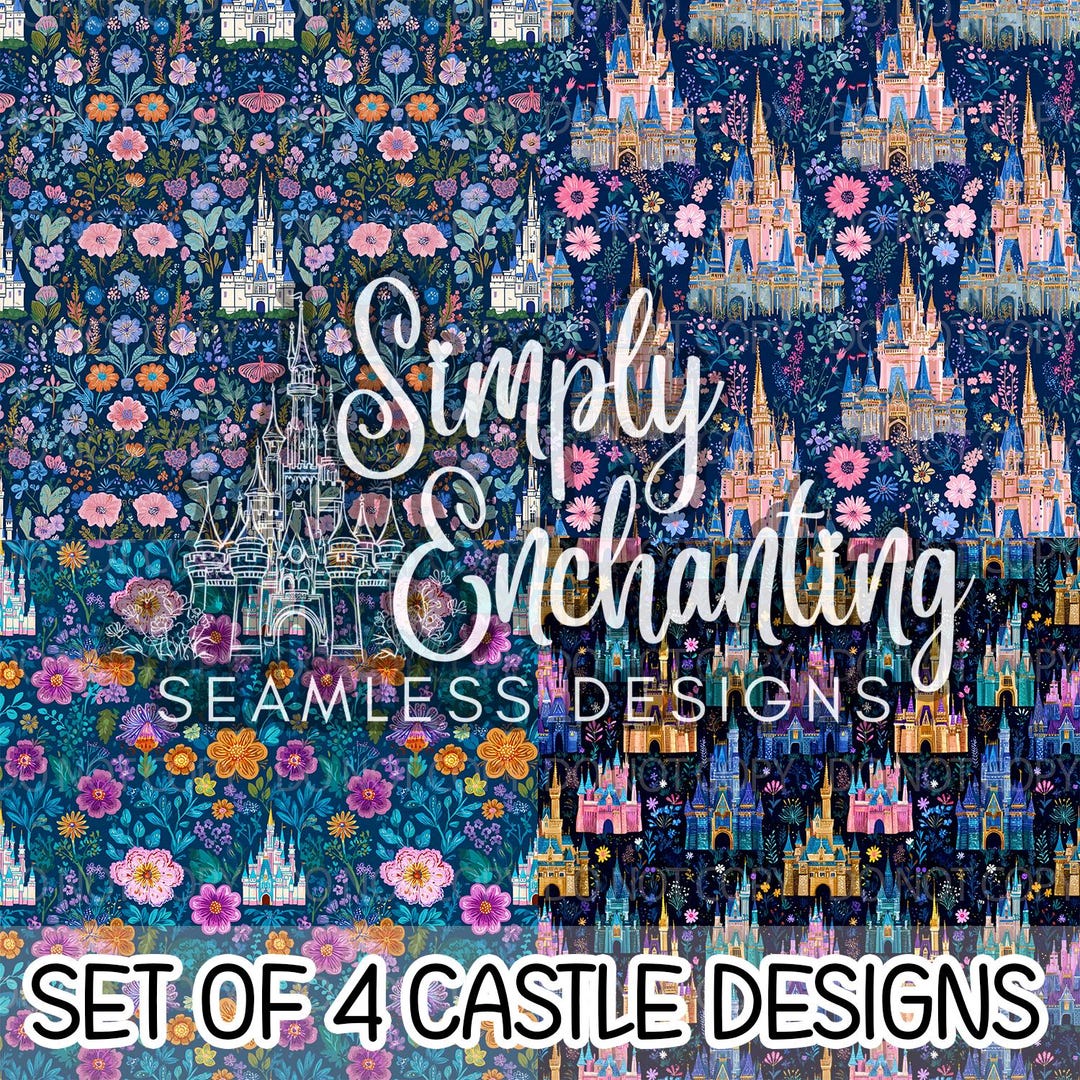 4 Designs- Fantasy Castle Floral Seamless Patterns | Fairytale Pink ...