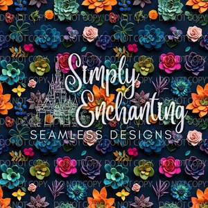 May include: A seamless design featuring colorful floral arrangements in shades of orange, teal, pink, and purple, with the text "Simply Enchanting" and "Seamless Designs" on a dark blue background.