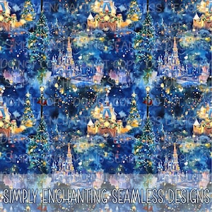 Aquarell Schloss Muster für Stoff DIGITAL DOWNLOAD, Schloss nahtlose Dateien Weihnachten Sublimation Designs für Decken, Werbung