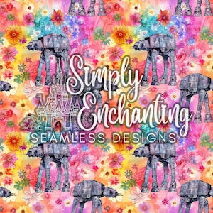 May include: A colorful seamless design featuring AT-AT walkers from Star Wars, a castle, and various flowers. The design includes the text "Simply Enchanting SEAMLESS DESIGNS" in a script font, set against a vibrant floral background.