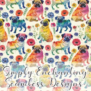 May include: A seamless pattern featuring watercolor pugs with rainbow colors and floral accents. The pugs are in various poses and the flowers are in shades of pink, blue, yellow, and green. The background is a light cream color.