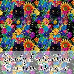 May include: A seamless pattern featuring black cats peeking out from a field of colorful flowers. The flowers are in shades of pink, purple, blue, yellow, orange, and green. The background is black.