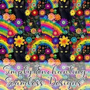 May include: A black cat with yellow eyes sits in a field of colorful flowers and rainbows. The background is black.