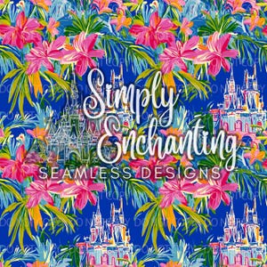 May include: A seamless design featuring a vibrant blue background with pink hibiscus flowers, green and yellow palm leaves, and castle illustrations. The text "Simply Enchanting Seamless Designs" is displayed in white script.