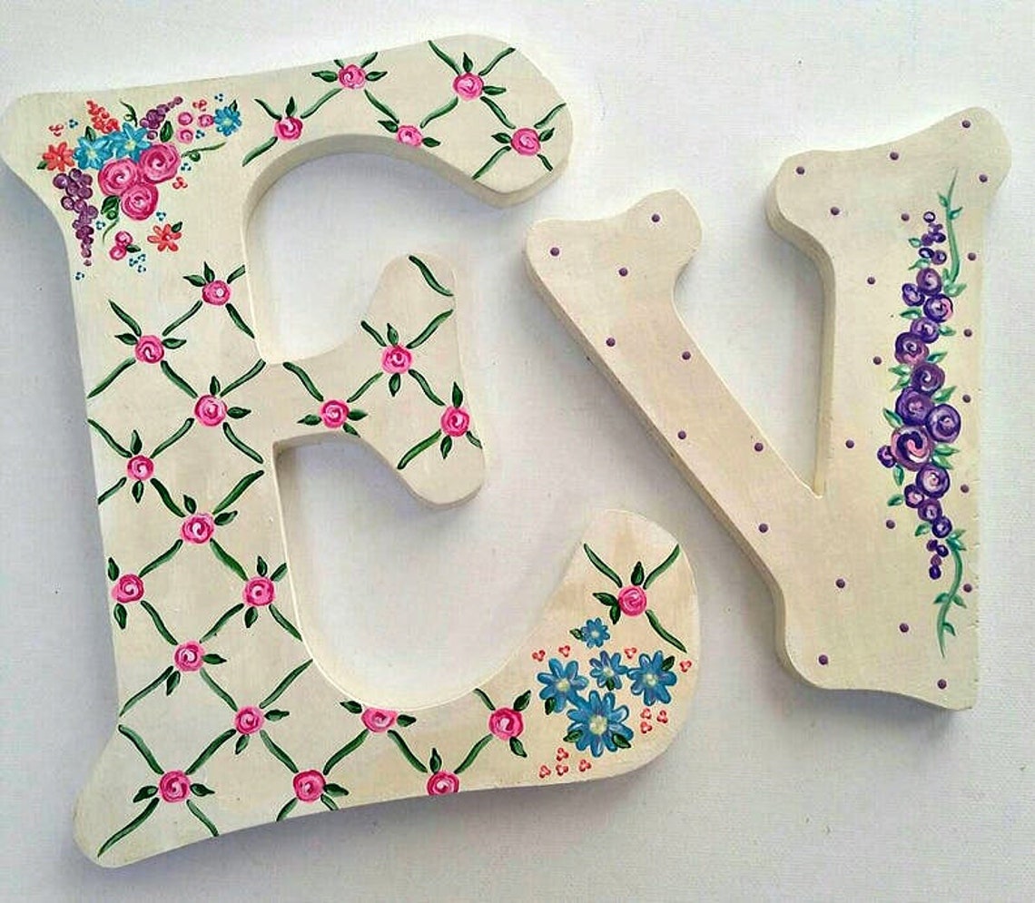 EVERLY Hand Painted Wooden Nursery Letters Vintage Floral Etsy