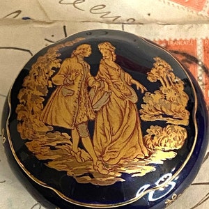 Vintage Limoges Trinket Box in Navy and Gold   Gold Art Victorian Scene Design on Navy Porcelain  Small Limoges Trinket Box