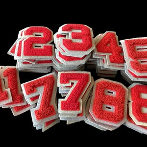 Vintage Chenille Letterman Numbers   Vintage Chenille Sew On Numbers   Chenille  Patches   Red   Numbers with Gray  Felt  Background