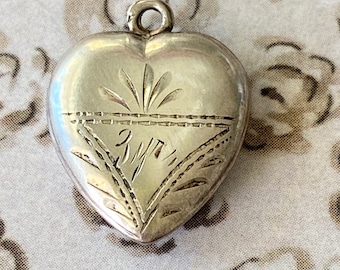 Antique Sterling Heart  Vintage  Sterling Heart  Sterling Heart with Engraved Vine Design  M Engraved On Back