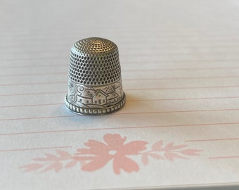 Sterling Vintage  Thimble with Engraved Village Design  Sterling Silver Hallmarked Vintage Sewing Thimble