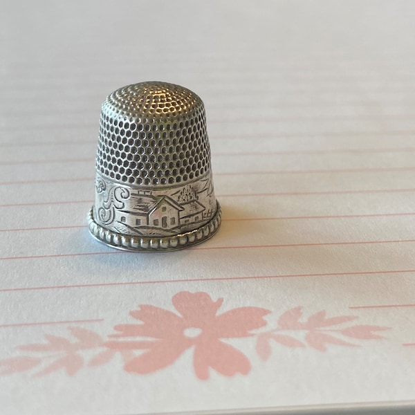 Sterling Vintage  Thimble with Engraved Village Design  Sterling Silver Hallmarked Vintage Sewing Thimble