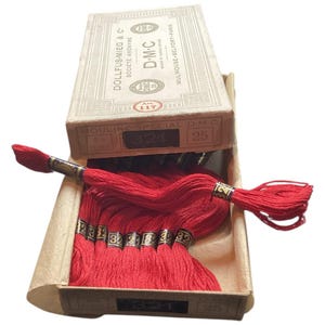 Vintage DMC Embroidery Thread - Mouline Special - DMC 321 :  Classic Red ...9 skeins ...  New Old Stock Skeins in Original French Box