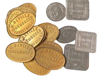 Vintage Stamped Brass and Metal Business Tokens from English Iron Monger   Vintage Brass Tokens from England  English Brass Tokens