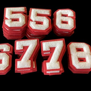 Vintage Chenille Letterman Numbers   Vintage Chenille Sew On Numbers   Chenille  Patches   White    Numbers with  Light Fade Red  Felt