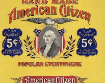 1920 Étiquette de boîte à cigares American Citizen Brand Antique Étiquette de boîte à cigares Nouveau vieux stock