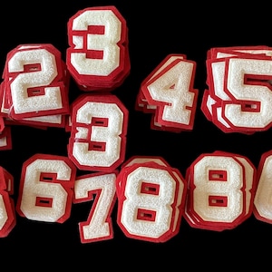 Vintage Chenille Letterman Numbers   Vintage Chenille Sew On Numbers   Chenille  Patches   White    Numbers with  Red  Felt  Background