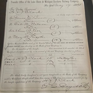 Antique 1884 Lake Shore and Michigan Railroad Stock Transfer Certificates Handwritten Antique Stock Transfer Certificates from 1884