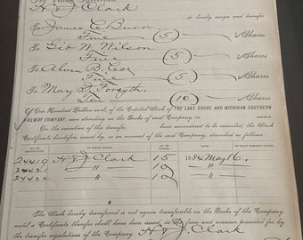 Antique 1884 Lake Shore and Michigan Railroad Stock Transfer Certificates Manuscrit Antique Stock Transfer Certificates de 1884