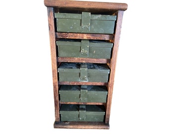 World War Two British Spare Valves Cases with Hand Made Wood Cabinet   WW2 British Military Radio Valve Metal Cases in Wood Cabinet