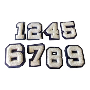 Vintage Chenille Letterman Numbers   Vintage Chenille Sew On Numbers   Chenille  Patches   White Numbers with Navy Blue Felt