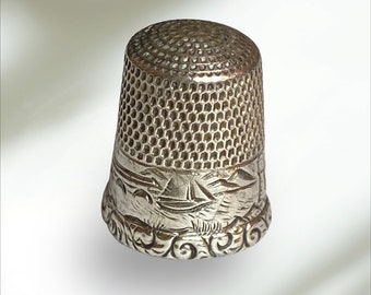 Vintage Sterling Thimble Small Thimble Suitable for Petite Hand or Child's Hand Size 6  Sailboat Design  Marked Sterling with Hallmark