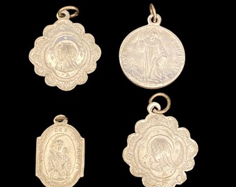 Vintage Collection of Holy Medals Charms  from Pilgrimages to Lourdes  Four  in Group  Small Aluminum Holy Charms