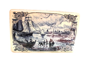 Vintage Delft Blue and White Holland House Cookie Tin  Vintage Tall Ship Delft Design in Blue and White Cookie Tin  Vintage Cookie Tin