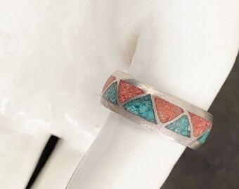 Vintage Sterling Silver and Turquoise and Coral Band  Vintage Sterling Band   Turquoise and Coral Sterling Band Design