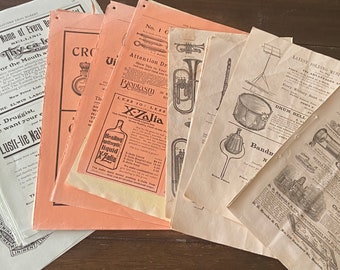 Objets éphémères anciens des collections de catalogues, groupe de 31 pages avec graphiques et illustrations